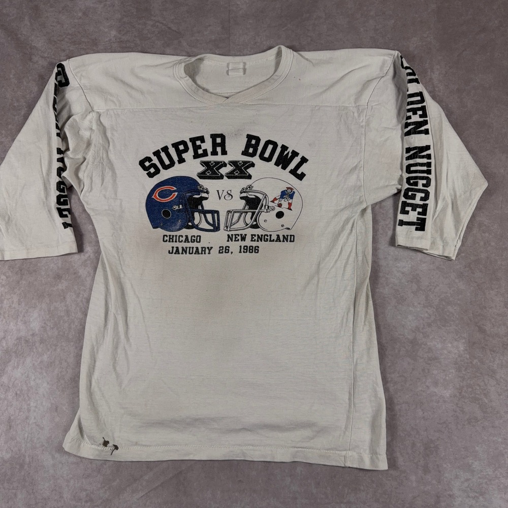 Vintage Super Bowl XX Chicago Bears vs Patriots 1986 Jersey Tee Medium White